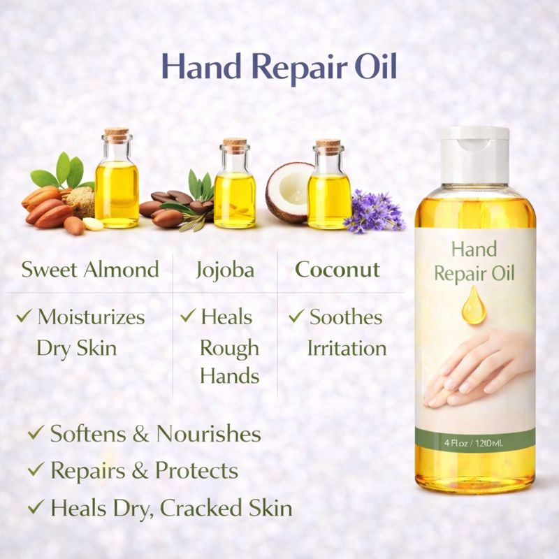 Hand repair oil bottle with ingredients and benefits listed on a light background