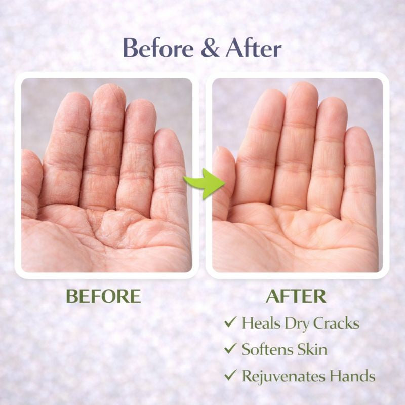 Hand before and after treatment showing healed dry cracks, soft skin, and rejuvenated hands.